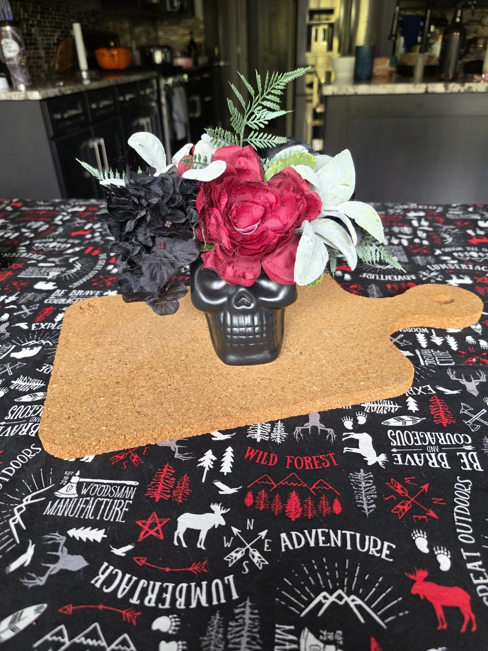 Black Skull Vase with Red & Black Floral Arrangement - Home Accents